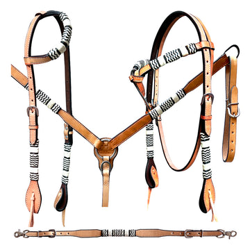 Bar H Equine Genuine Western American Leather Horse Premium Headstall & Breast Collar Set